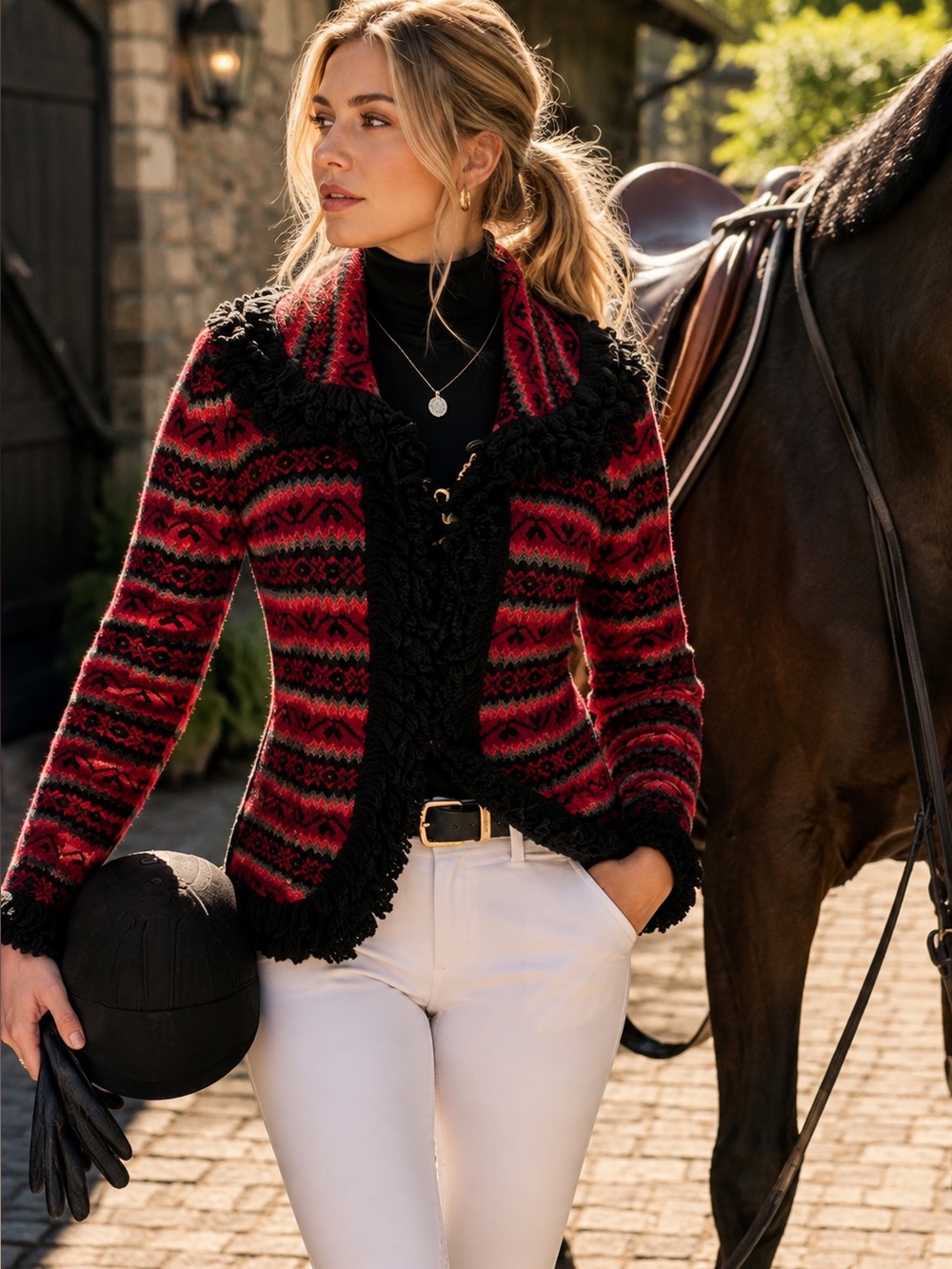 FOLIA Black/Red Jacket-Style Red Wool Fringed Striped Cadigan Sweater, M